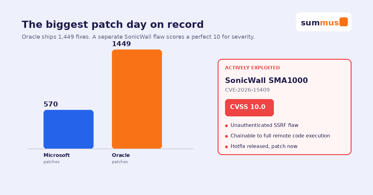 The biggest patch day on record: Oracle ships 1,449 fixes, and a SonicWall flaw scores a perfect 10 for severity