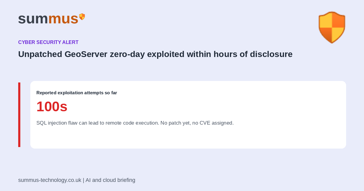 An unpatched SQL injection zero-day in GeoServer is being actively probed for remote code execution, with hundreds of exploitation attempts recorded within hours of disclosure