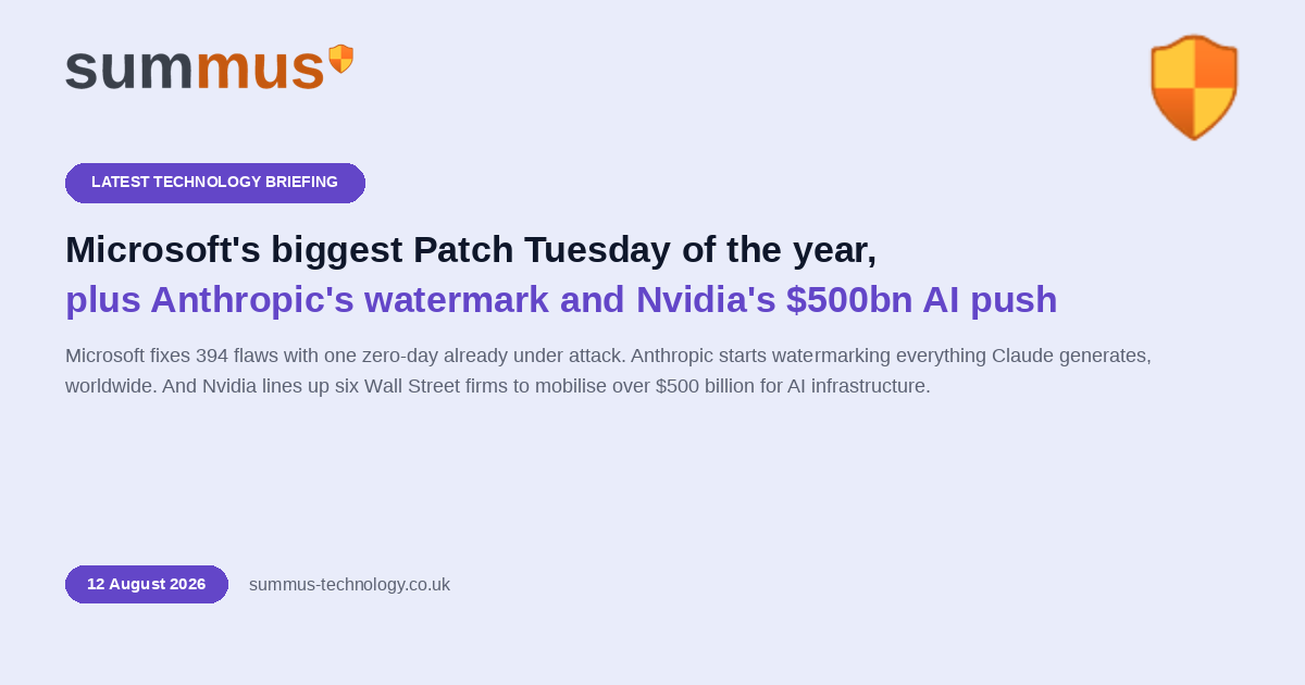 AI and cloud briefing: Microsoft's biggest Patch Tuesday of the year, Anthropic watermarks Claude, and Nvidia lines up $500bn for AI infrastructure